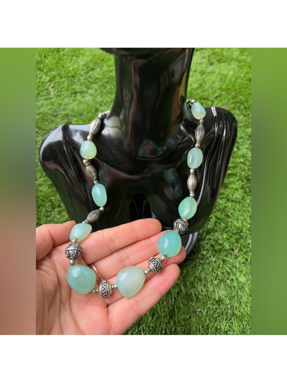 Genuine Aquamarine and Silver Accents Tibetan Style Necklace w/ Extender Vintage